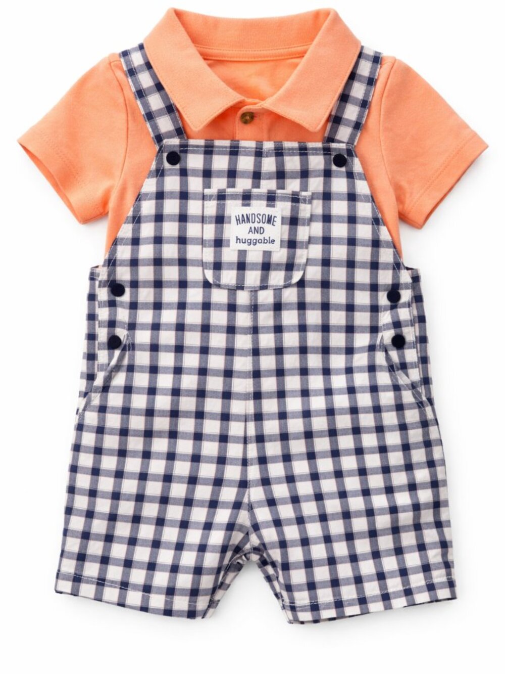 NWT Carter’s Baby Boy 2 Piece Shortall Set 18 Months Plaid Overalls Orange Polo